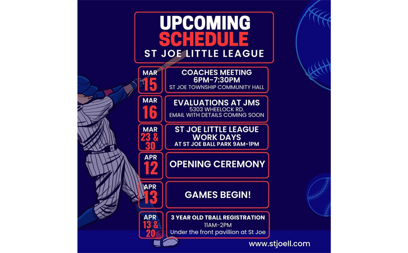 Upcoming Schedule for St Joe Little League